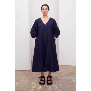 Kowtow Size L Navy Blue 100% Cotton Sculptured Puff Sleeve Midi Maxi Dress